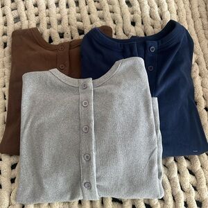 Ribbed Button-Up Tops Trio - Neutral Tones